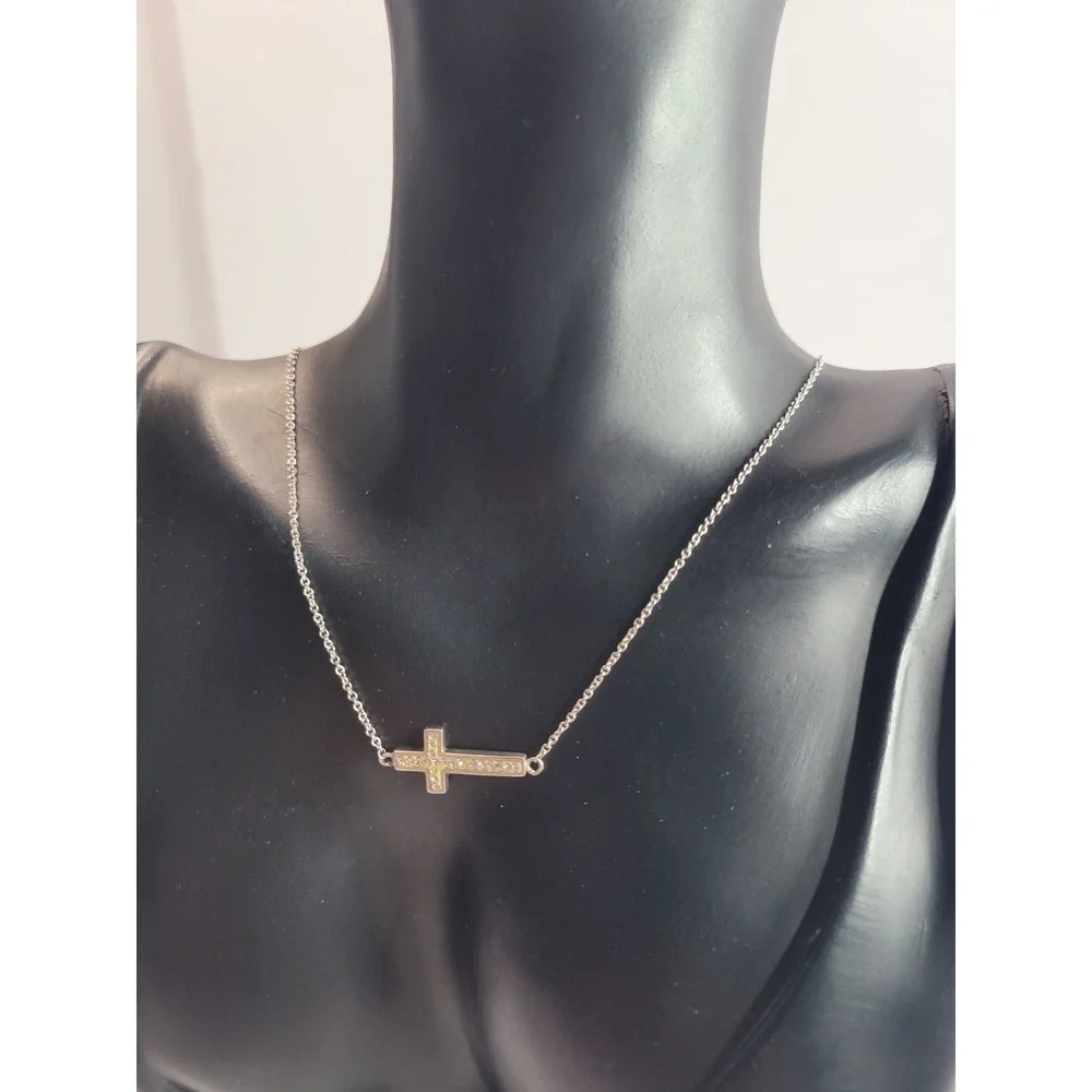 Silver Tone Sideways Cross Necklace Clear Rhinestone Christian Faith Jewelry
